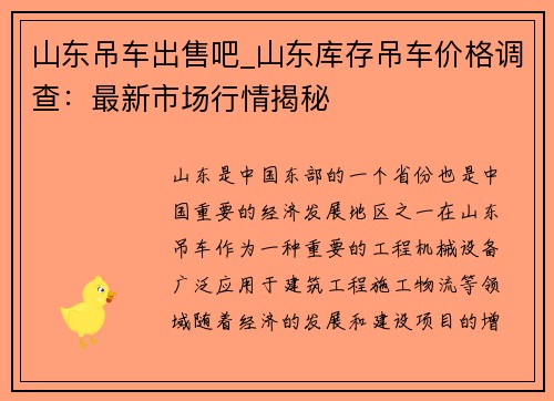 山东吊车出售吧_山东库存吊车价格调查：最新市场行情揭秘