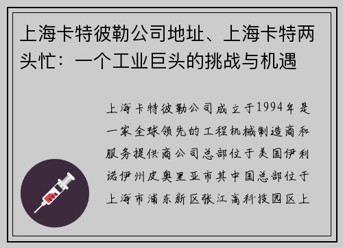 上海卡特彼勒公司地址、上海卡特两头忙：一个工业巨头的挑战与机遇